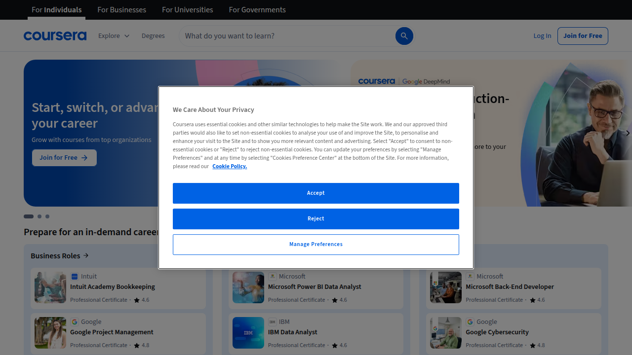 A screenshot of the Coursera homepage, highlighting its professional courses and certifications from universities and companies, including Google courses.