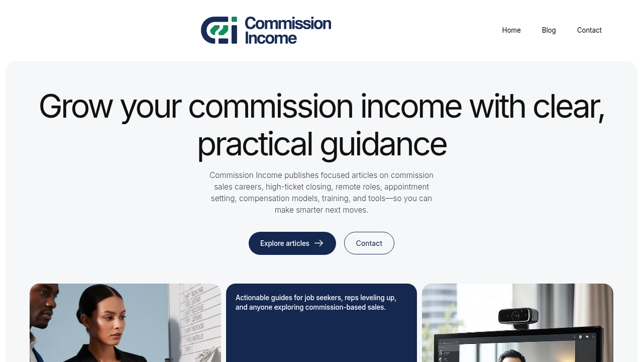 The homepage of CommissionIncome.net, a resource offering guides and support for sales professionals to track pipelines and boost earnings.