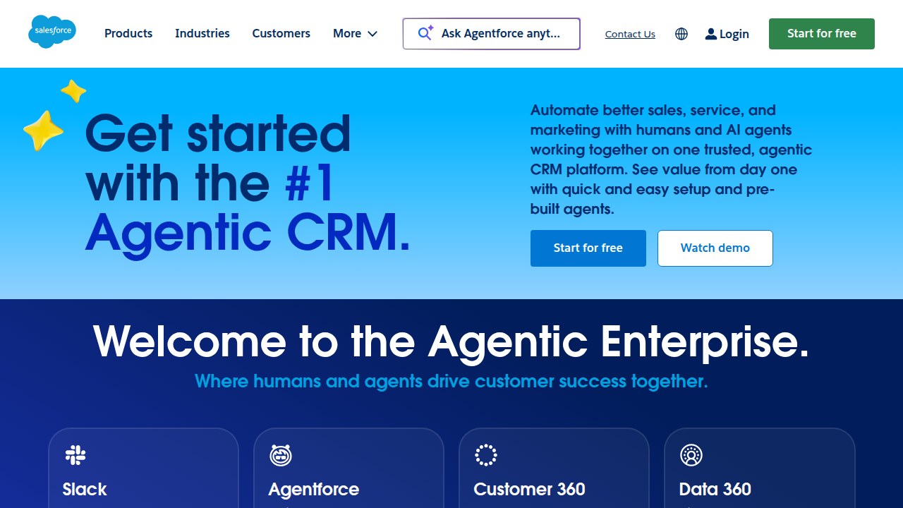 Screenshot of the Salesforce homepage, a leading CRM platform that emphasizes data-driven sales.