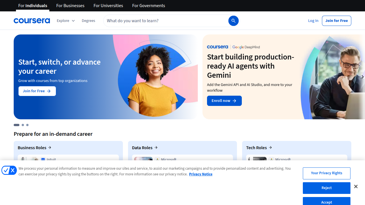 The homepage of Coursera, a popular online learning platform offering courses and specializations from universities and companies.