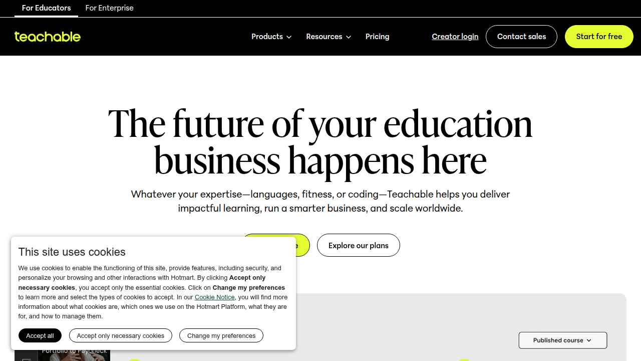 The official homepage for Teachable, an online platform for creating and selling courses and coaching products.